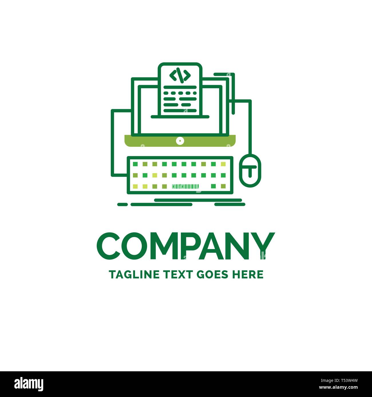 Il codice, la codifica, computer, monoblocco, schermo piatto Logo aziendale modello. Creative Green Brand Design Nome. Illustrazione Vettoriale
