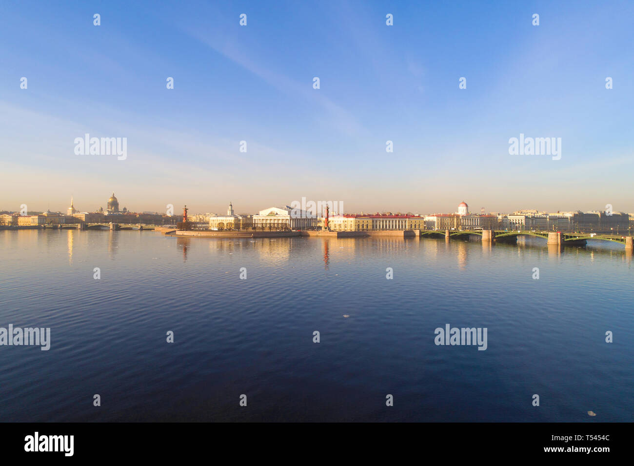 Panorama della molla Neva e la freccia dell'isola Vasilyevsky (ripresa dal quadcopter). San Pietroburgo, Russia Foto Stock