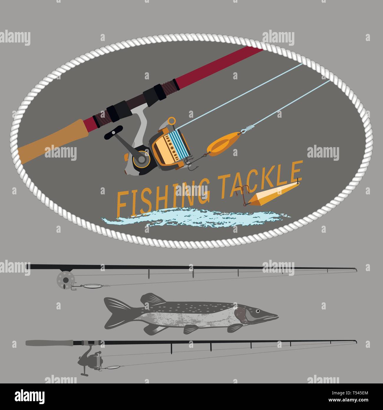 Set di sagome per uno stile di vita attivo. Per turismo e viaggi di natura in buona compagnia di amici. La filatura con la bobina e baubles con ganci. Illustrazione Vettoriale