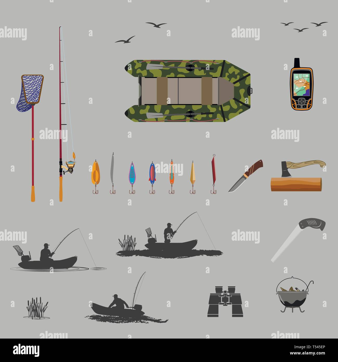 Set di sagome per uno stile di vita attivo. Per turismo e viaggi di natura in buona compagnia di amici. La filatura con la bobina e baubles con ganci. Illustrazione Vettoriale