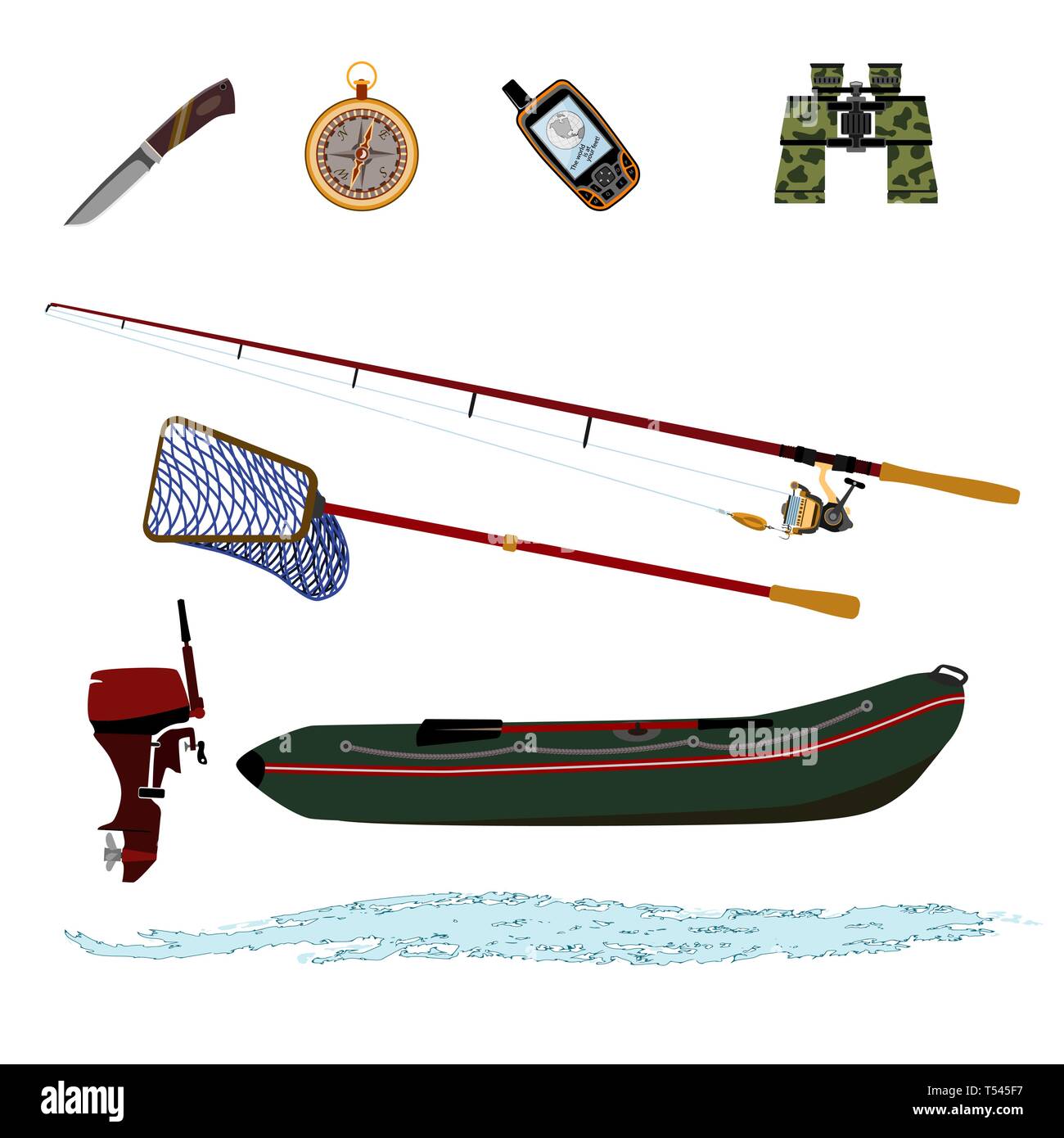 Set di sagome per uno stile di vita attivo. Per turismo e viaggi di natura in buona compagnia di amici. La filatura con la bobina e baubles con ganci. Illustrazione Vettoriale