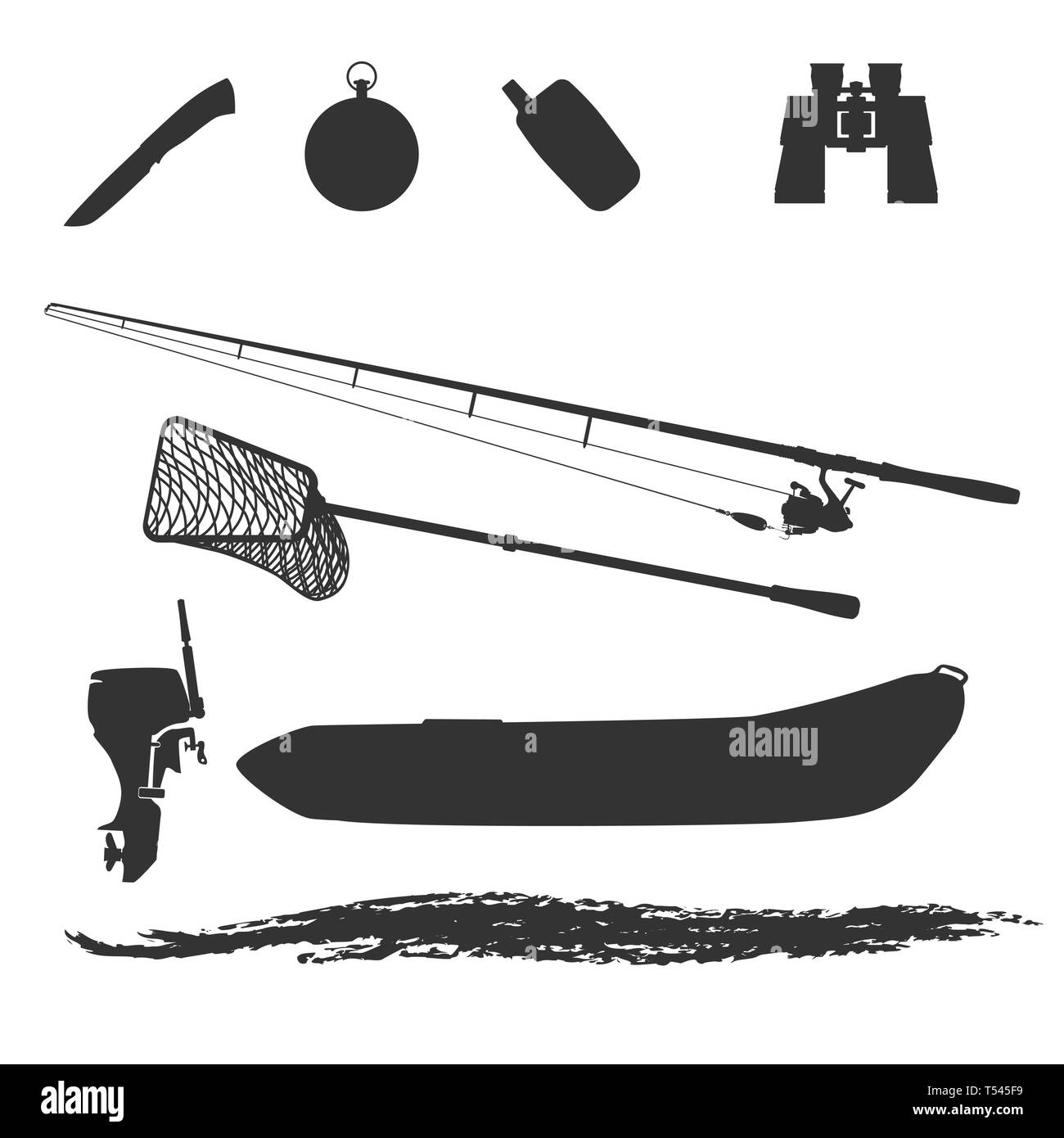 Set di sagome per uno stile di vita attivo. Per turismo e viaggi di natura in buona compagnia di amici. La filatura con la bobina e baubles con ganci. Illustrazione Vettoriale