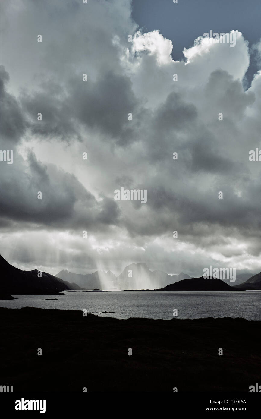 Alberi di luce del sole e nuvole sopra un minimo di montagna e il paesaggio della costa in Lofoten in Norvegia Foto Stock