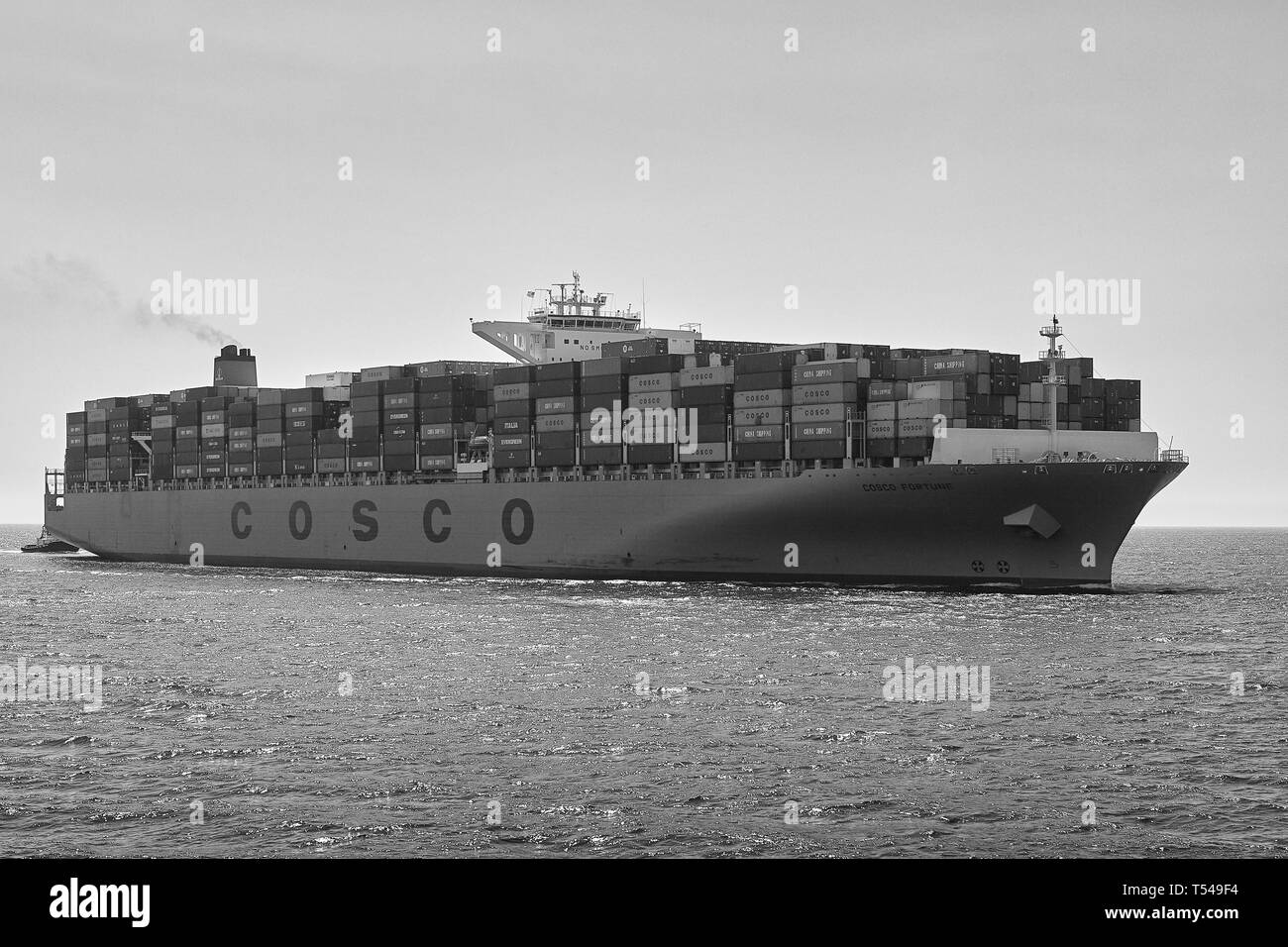 Foto in bianco e nero della COSCO Shipping, della nave portacontainer, della FORTUNA COSCO, che entra nel porto di Long Beach, California, USA. Foto Stock