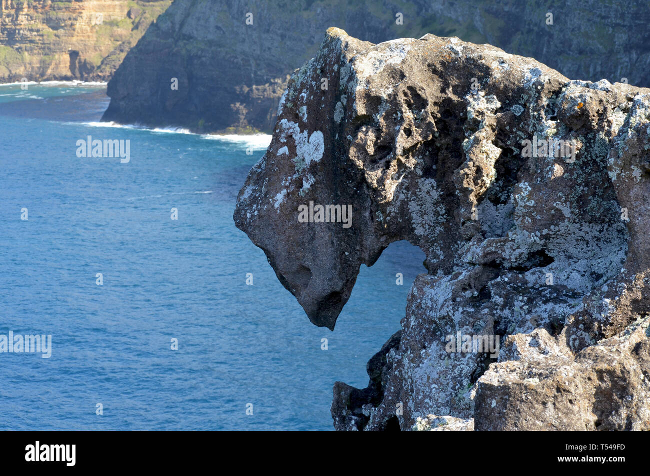 La testa del dragone, una roccia scolpita da erosione di vento in Anjos Bay, sulla costa nord di Santa Maria island, Azzorre Foto Stock