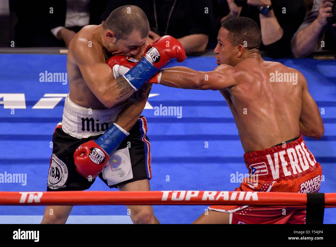 New York, Stati Uniti d'America. Xx Apr, 2019. FELIX VERDEJO (rosso) trunk e BRYAN VASQUEZ battaglia in un leggero bout al Madison Square Garden di New York, New York. Credito: Joel Plummer/ZUMA filo/Alamy Live News Foto Stock