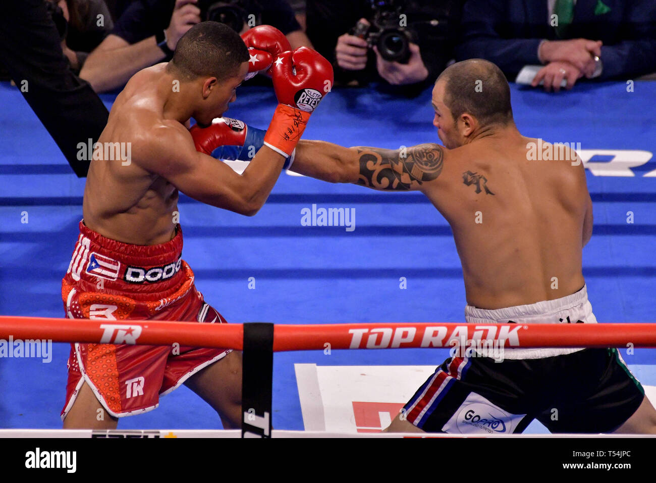 New York, Stati Uniti d'America. Xx Apr, 2019. FELIX VERDEJO (rosso) trunk e BRYAN VASQUEZ battaglia in un leggero bout al Madison Square Garden di New York, New York. Credito: Joel Plummer/ZUMA filo/Alamy Live News Foto Stock