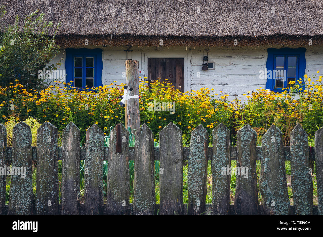 Casa in legno con tetto di paglia in Bialowieskie Siolo inn di Budy village, Voivodato Podlaskie in Polonia Foto Stock