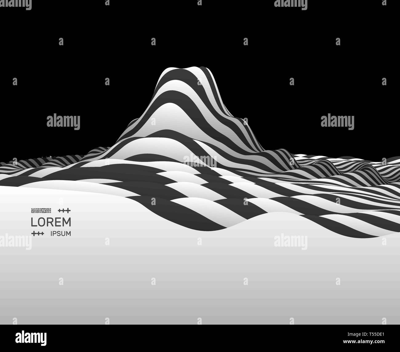 Sullo sfondo del paesaggio. Terreno. Nero e sfondo bianco. Modello con illusione ottica. 3D illustrazione vettoriale. Illustrazione Vettoriale