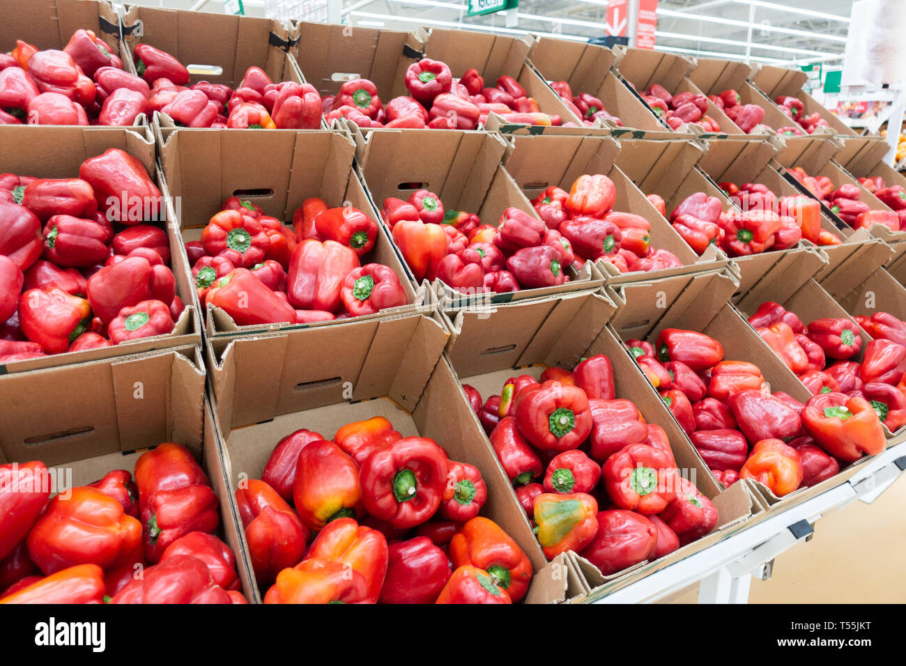 Rosso fresco raccolto pepe vicino sul mercato. Foto Stock