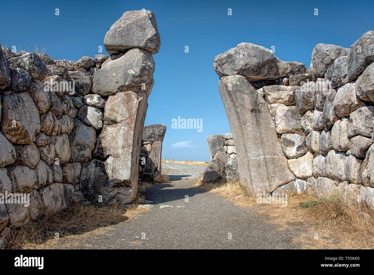 I Lions Gate a Hattusa, capitale dell'Hittita Impero nella tarda età del bronzo. Le sue rovine si trovano nei pressi di Boğazkale moderno, Turchia, all'interno del grande anello di Foto Stock