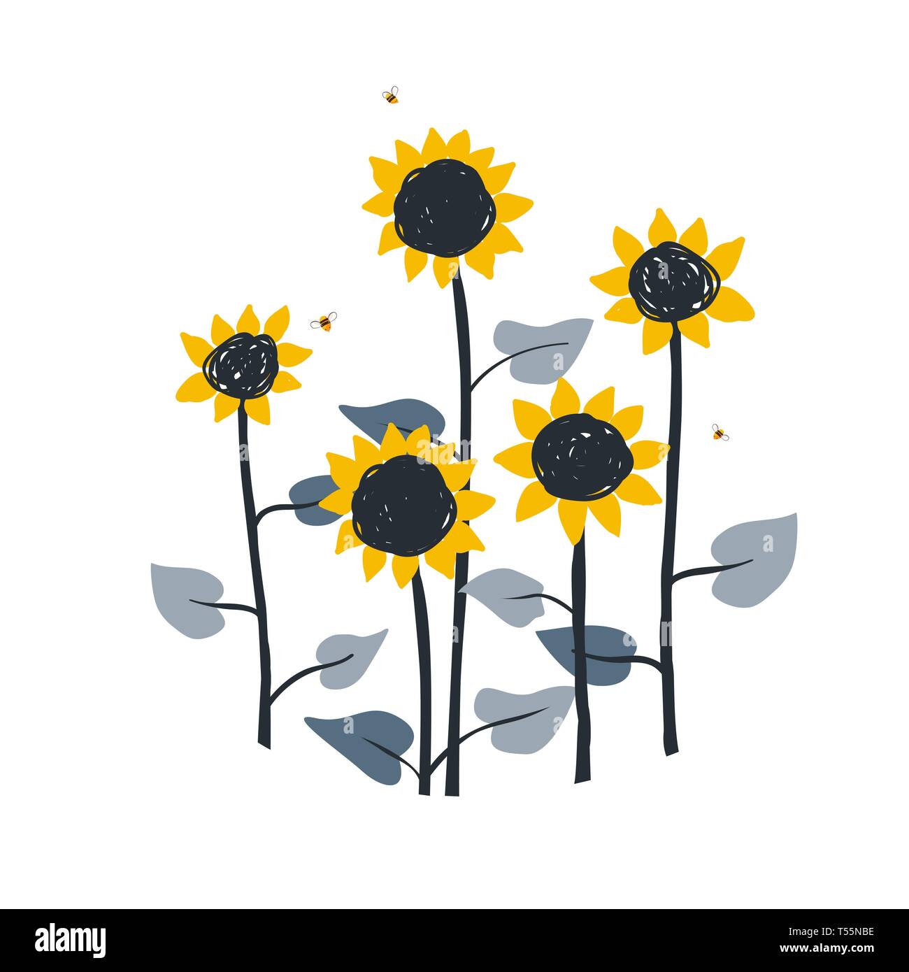 Doodle illustrazione floreale con prato selvatico girasoli, isolato su sfondo bianco. Elemento vettore per i girasoli di confezionamento del miele, Etichetta o scheda Illustrazione Vettoriale