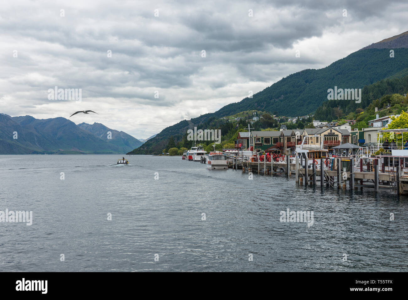 Marina sul lago Wakatipu a Queenstown, Nuova Zelanda Foto Stock