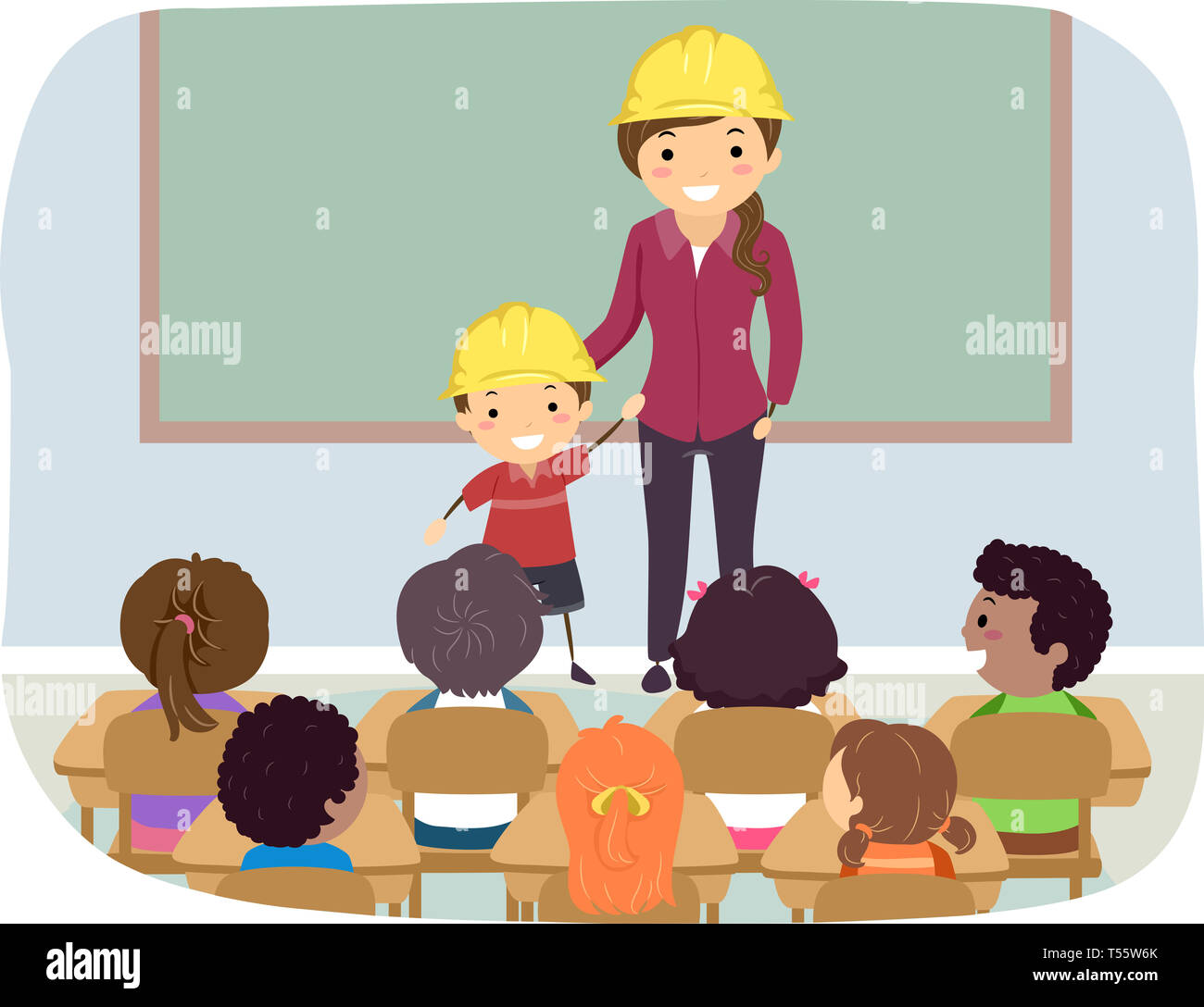 Illustrazione di Stickman Kids in aula con la madre e il bambino che indossa la costruzione gialla elmetto Foto Stock