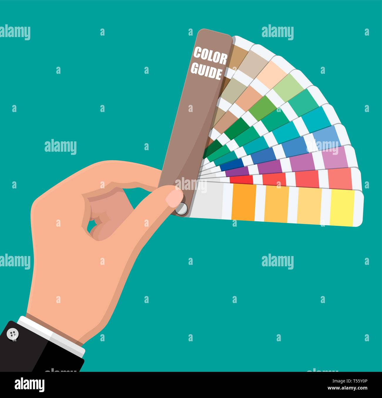 Campione di colore. Tavolozza dei colori guida in mano. Scala colorata. Rainbow strumento per designer, fotografo, artista. I campioni di colore catalogo, prenota, pantone Illustrazione Vettoriale