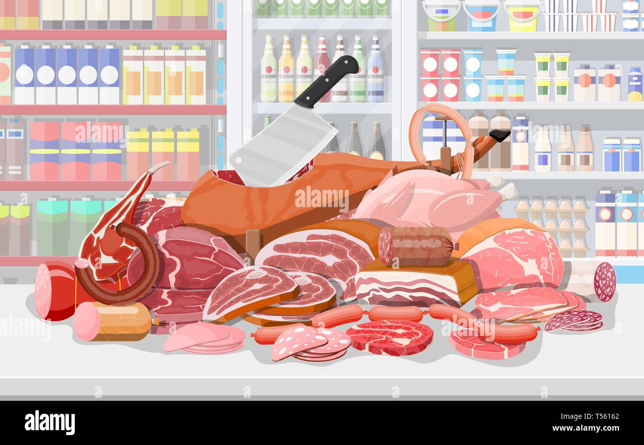 I prodotti a base di carne in scaffale di supermercato. Negozio di carne macelleria vetrina contatore. Le fette di salsiccia prodotto. Delicatessen prodotto gastronomico di carni bovine Carni suine ch Illustrazione Vettoriale
