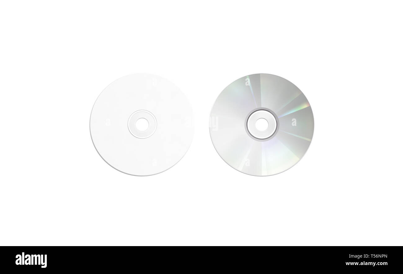 Vuoto bianco disco compatto mock up, isolata, vista superiore anteriore e posteriore, rendering 3d. Svuotare il disco cd mockup. Cancellare musica o film di storage. Dvd rotondo f Foto Stock