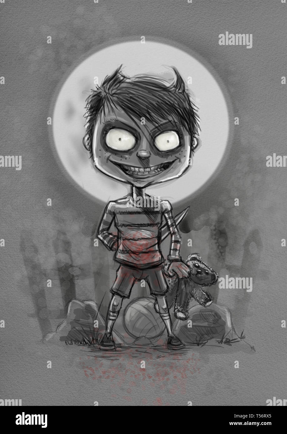 Illustrazione digitale con un acquerello sensazione di un pauroso bambino sotto la luna con aspetto folle sul suo volto, sangue splatterc sui suoi vestiti e un coltello da Foto Stock