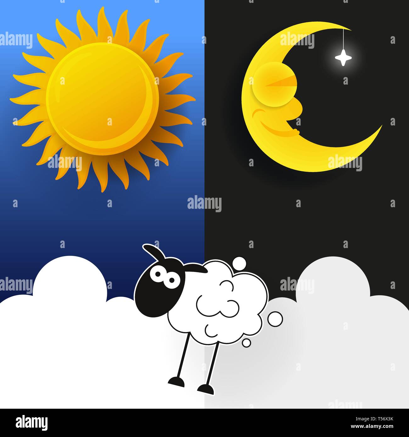 Il sole, la luna e le stelle. Giorno e Notte Banner vettore isolato. Illustrazione Vettoriale