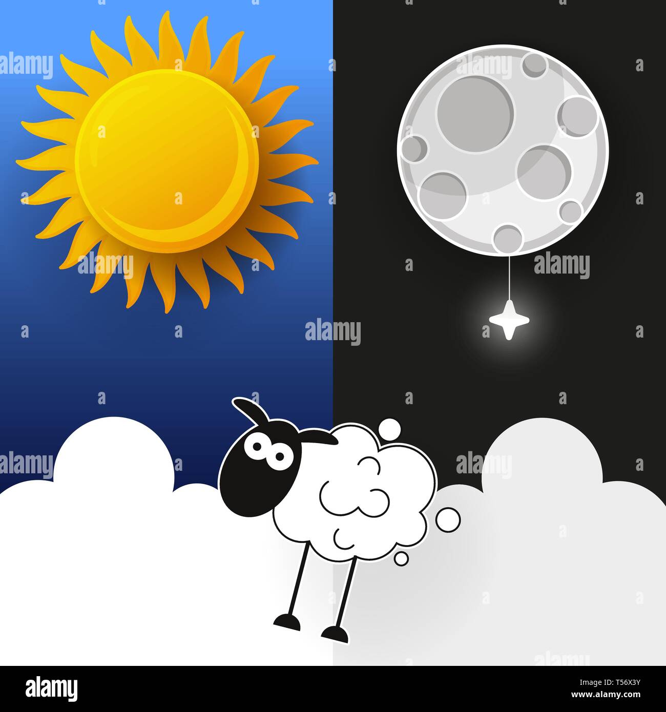 Il sole, la luna e le stelle. Giorno e Notte Banner vettore isolato. Illustrazione Vettoriale