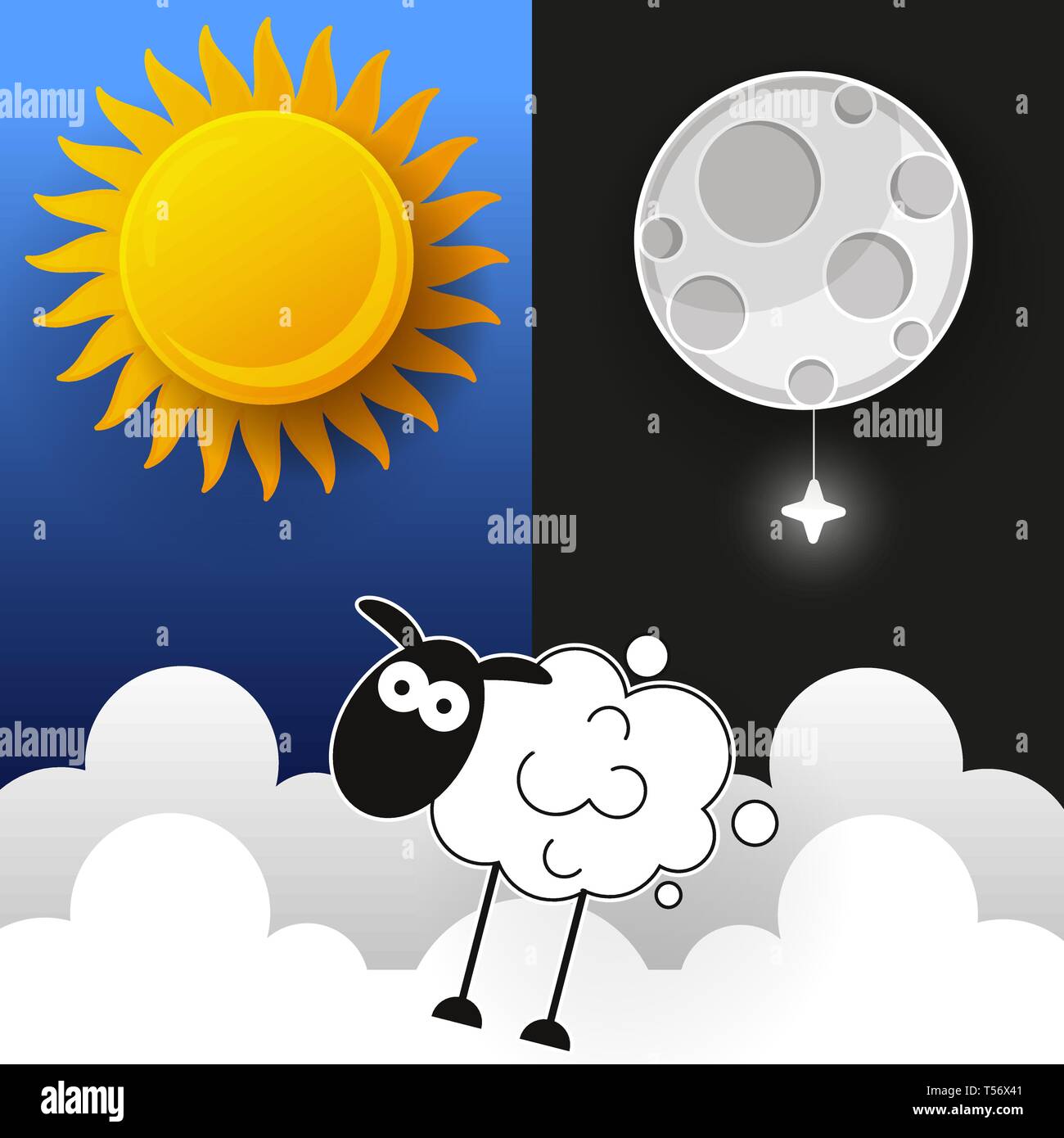 Il sole, la luna e le stelle. Giorno e Notte Banner vettore isolato. Illustrazione Vettoriale