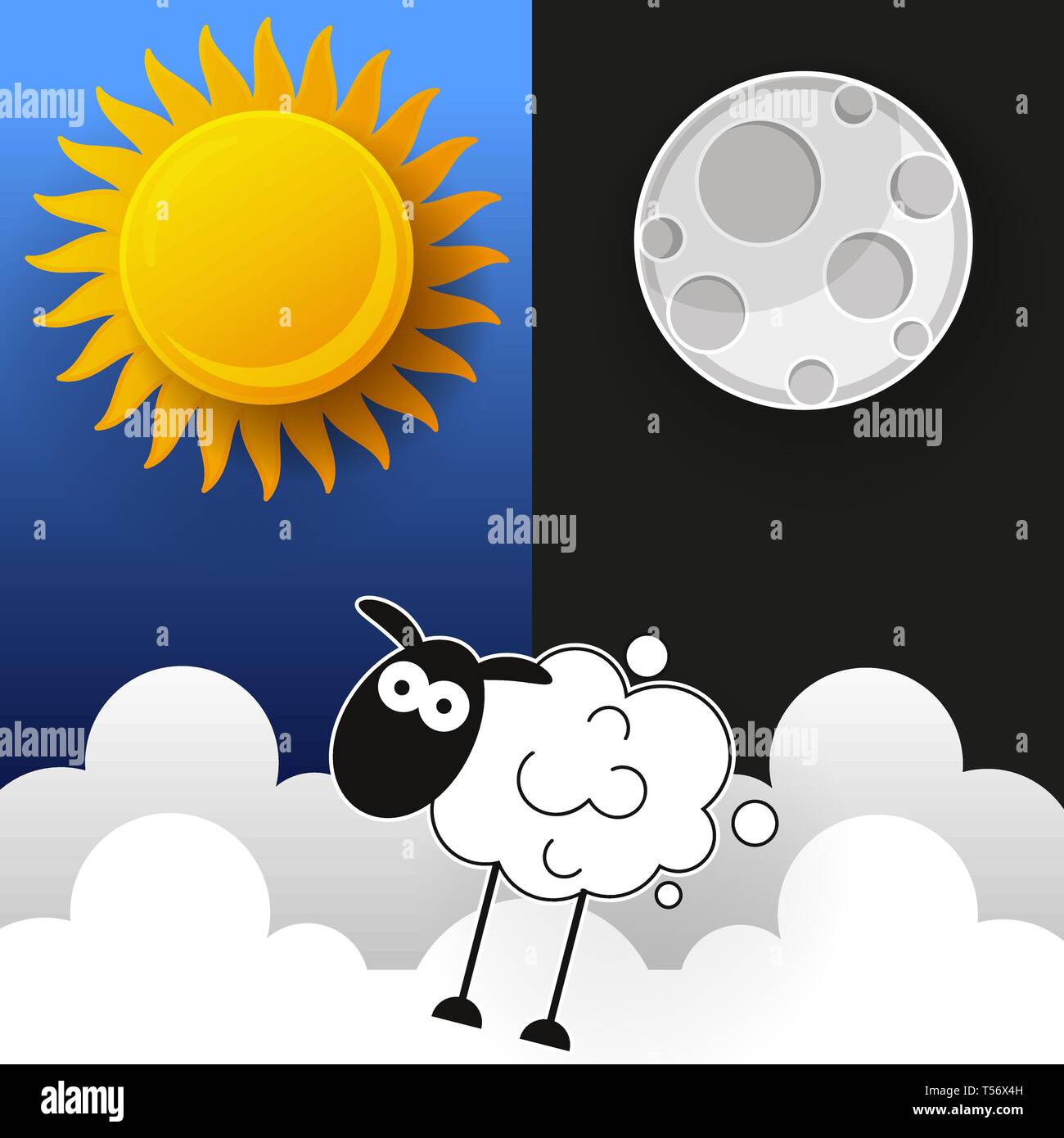 Il sole, la luna e le stelle. Giorno e Notte Banner vettore isolato. Illustrazione Vettoriale