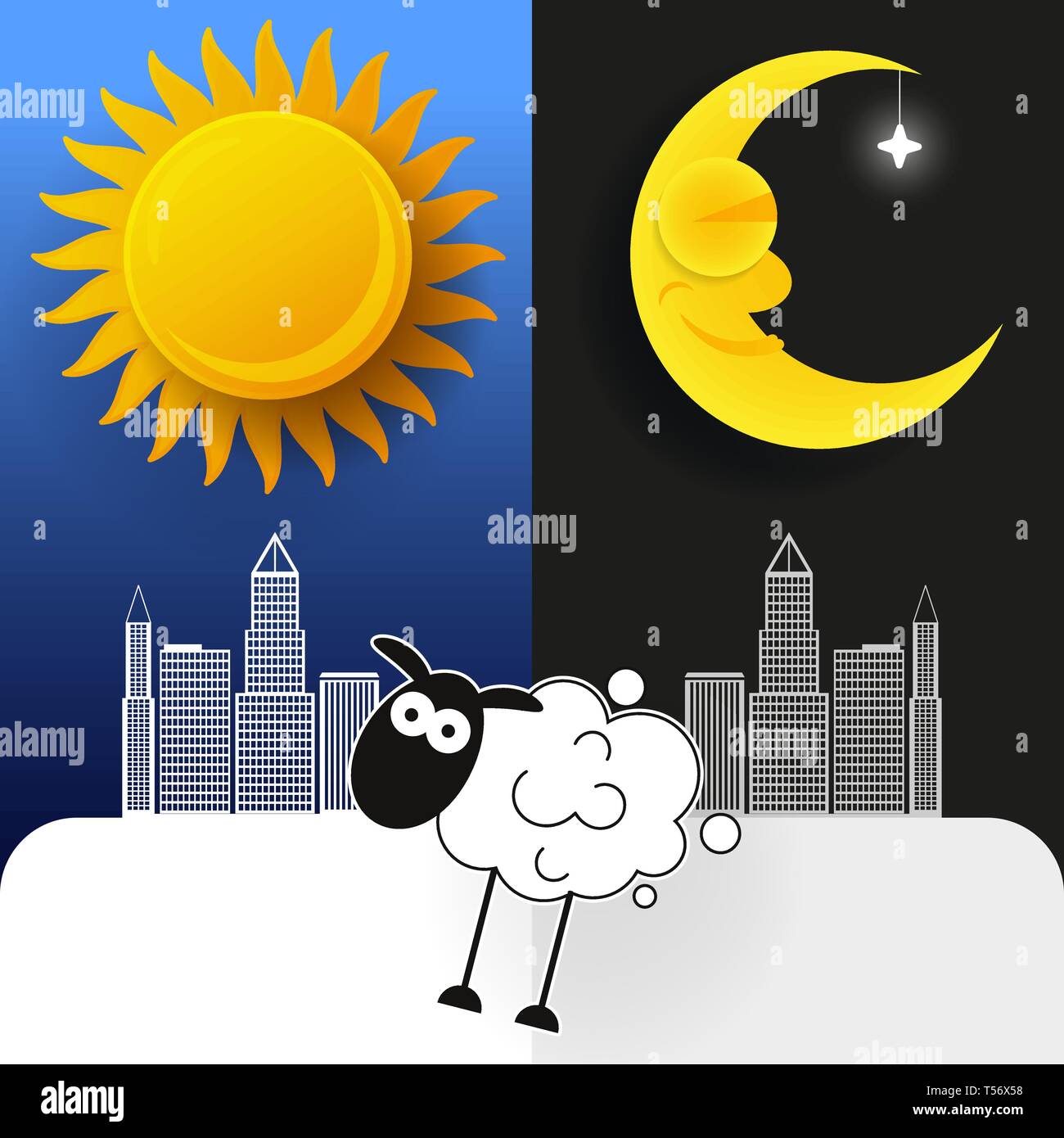 Il sole, la luna e le stelle. Giorno e Notte Banner vettore isolato. Illustrazione Vettoriale