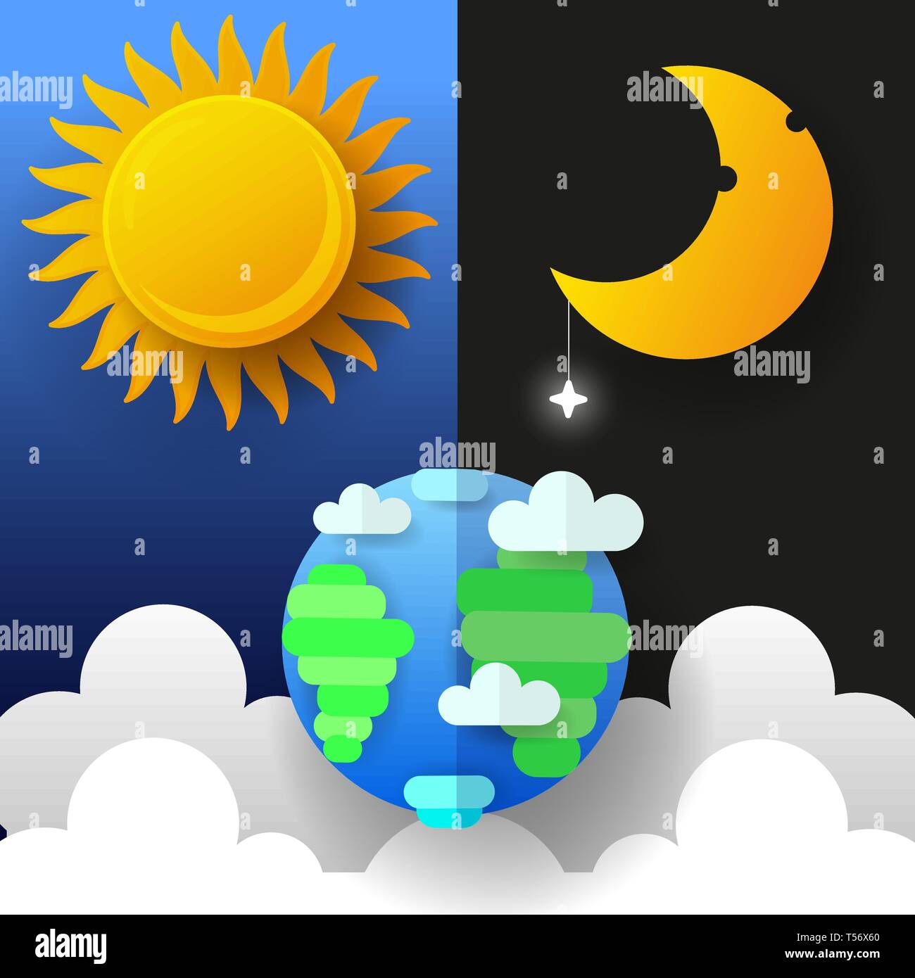 Il sole, la luna e le stelle. Giorno e Notte Banner vettore isolato. Illustrazione Vettoriale