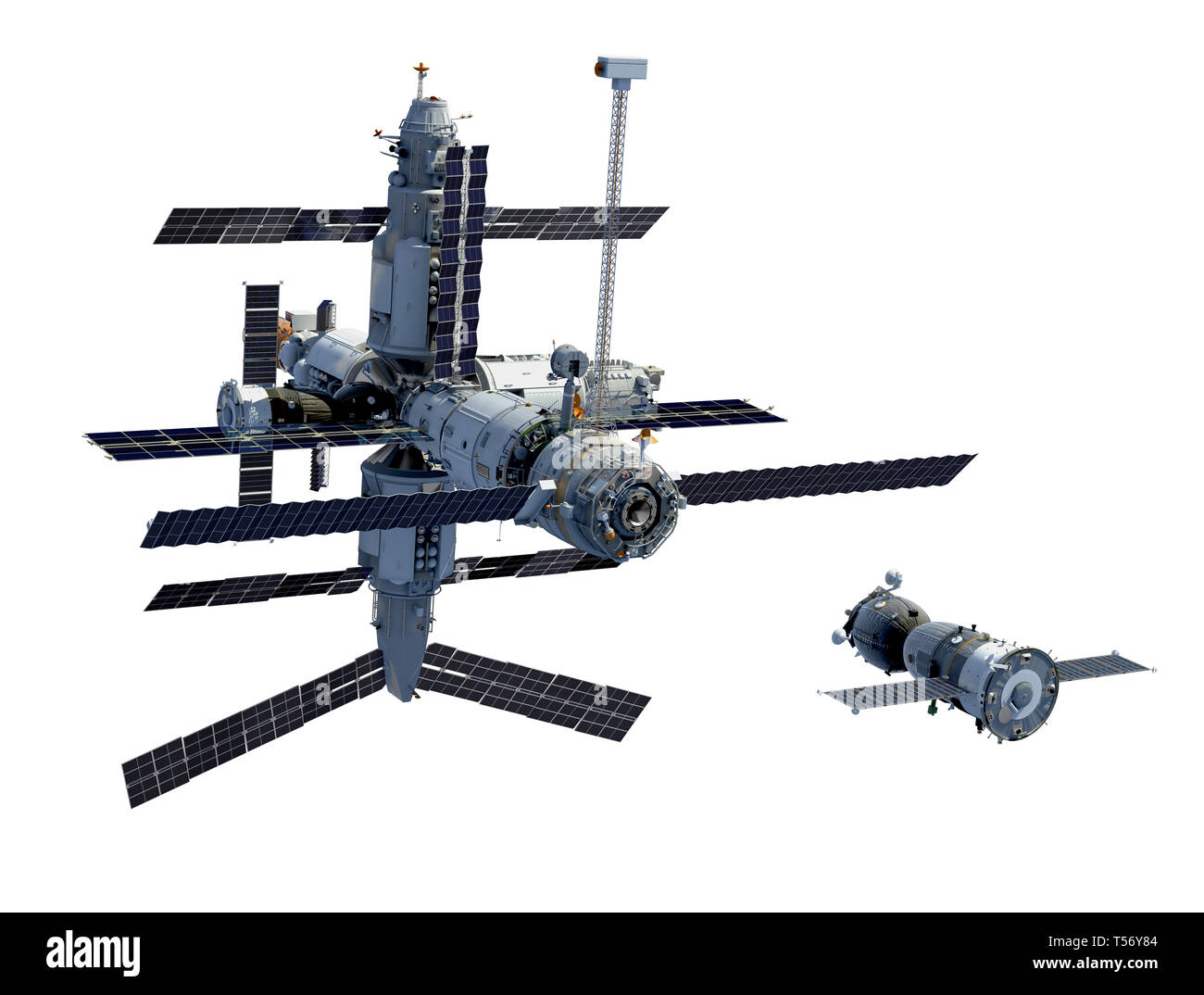 Stazione di spazio e spaziale isolato su sfondo bianco. 3D'illustrazione. Foto Stock