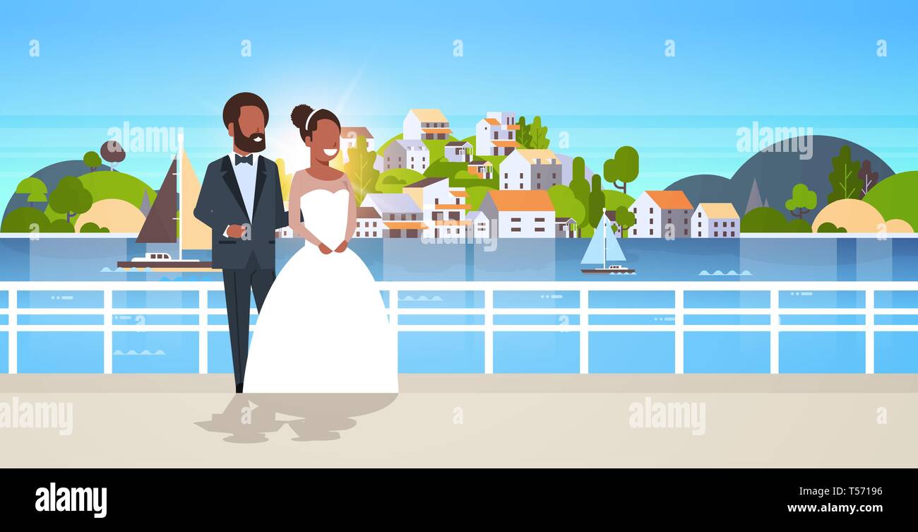 Sposi novelli americano africano giovane in piedi insieme la sposa e lo sposo abbracciando il giorno del nostro matrimonio nozione di montagna isola città paesaggio orizzontale di sfondo Illustrazione Vettoriale