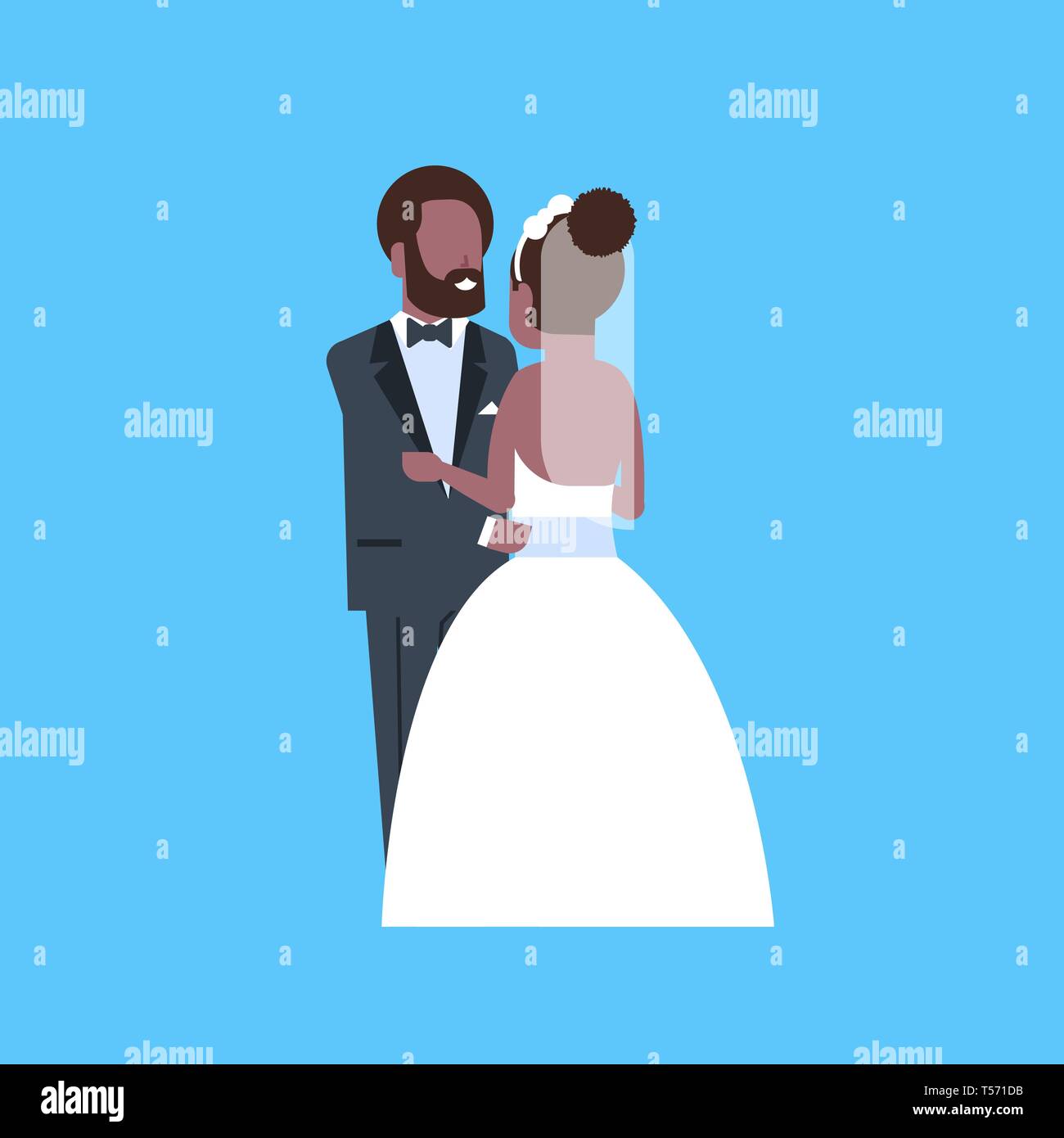 Sposi novelli sposi african american uomo donna abbracciando ballare insieme coppia romantica sposa e lo sposo in amore giorno di nozze concetto blu Illustrazione Vettoriale