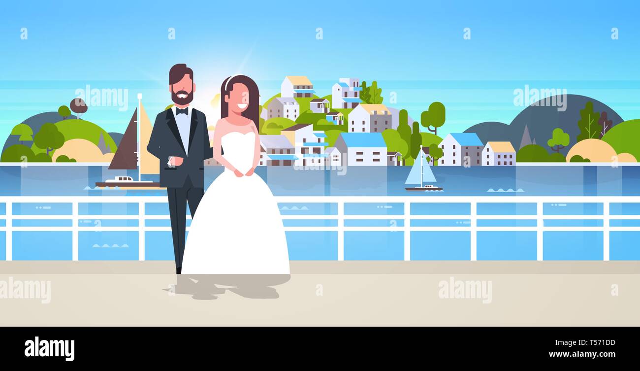 Sposi novelli uomo donna in piedi insieme coppia romantica sposa e lo sposo abbracciando il giorno del nostro matrimonio nozione di montagna isola città sullo sfondo del paesaggio Illustrazione Vettoriale