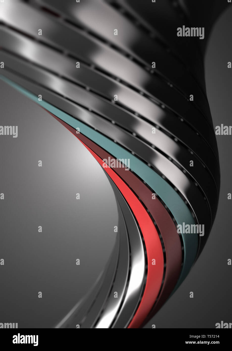 3D Illustrazione illustrazione. Vortice metallico con tre strisce colorate su sfondo grigio. L'immagine verticale Foto Stock