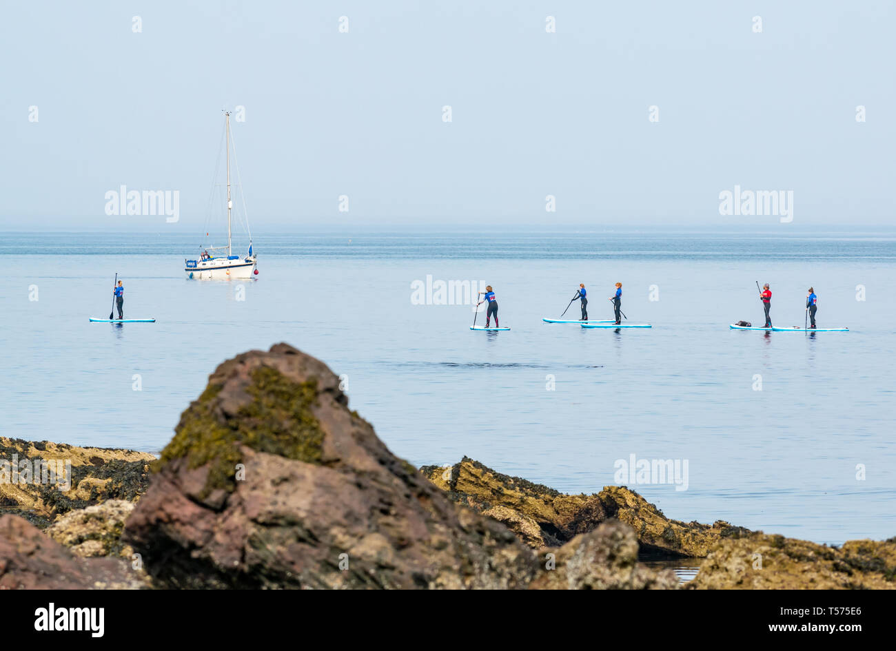 Dunbar, East Lothian, Scozia, Regno Unito. 21 apr 2019. Regno Unito: Meteo persone godono di molto soleggiata a caldo il giorno di Pasqua Il meteo a occhio grotta cove. Un gruppo di paddle boarder nel calmo mare per una lezione con Coast to Coast Scuola di surf Foto Stock