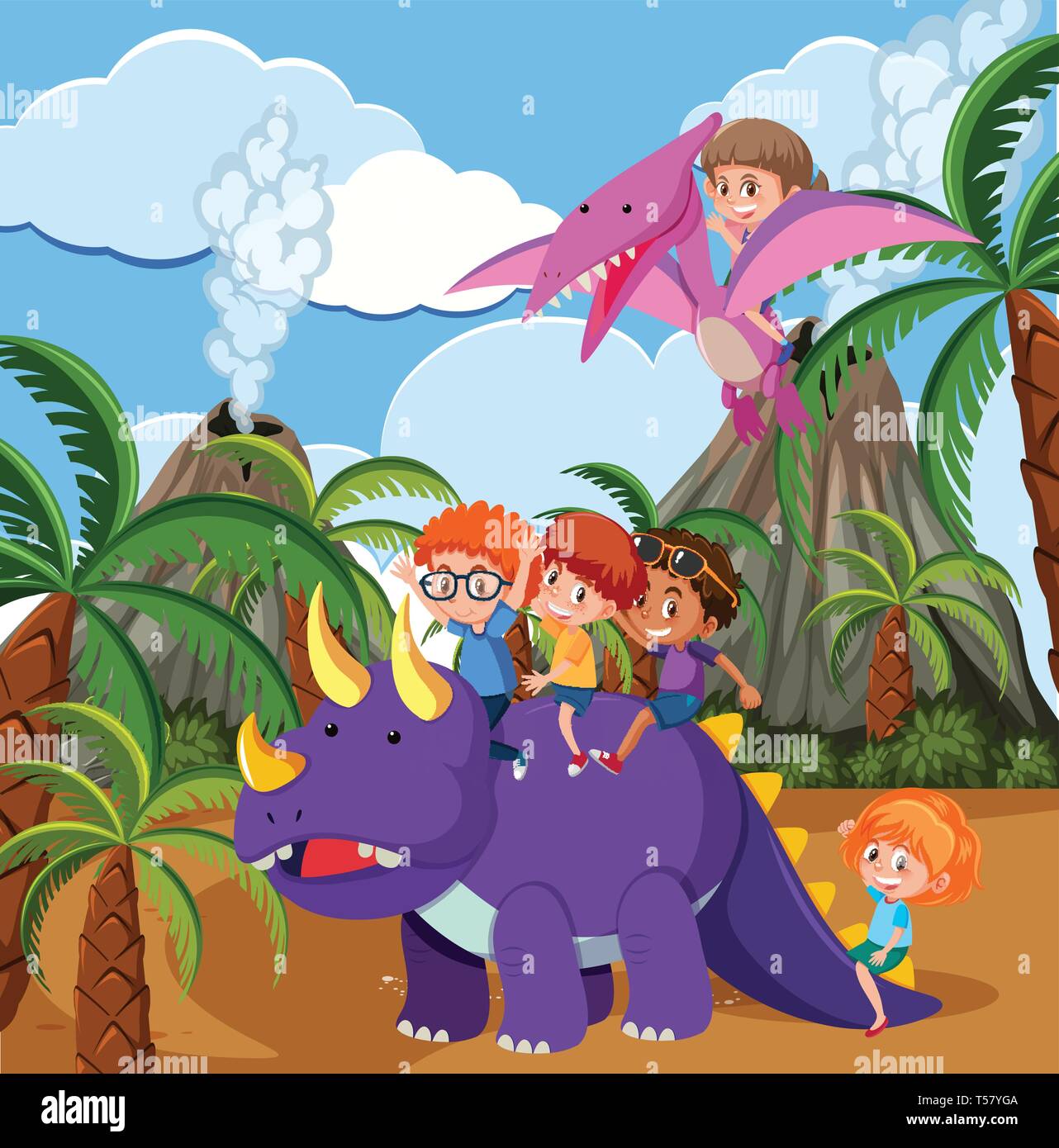 I bambini di equitazione in dinosauri preistorici illustrazione della scena Illustrazione Vettoriale