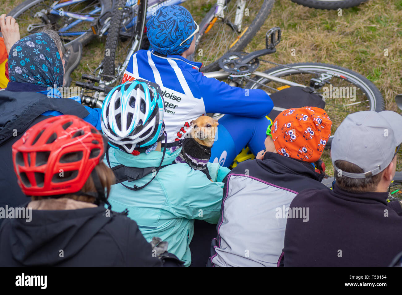 DNIPRO, Ucraina - 30 Marzo 2019: Little Chihuahua cane guardia il suo master in mezzo alla folla locale sulla bicicletta riunione del club Foto Stock