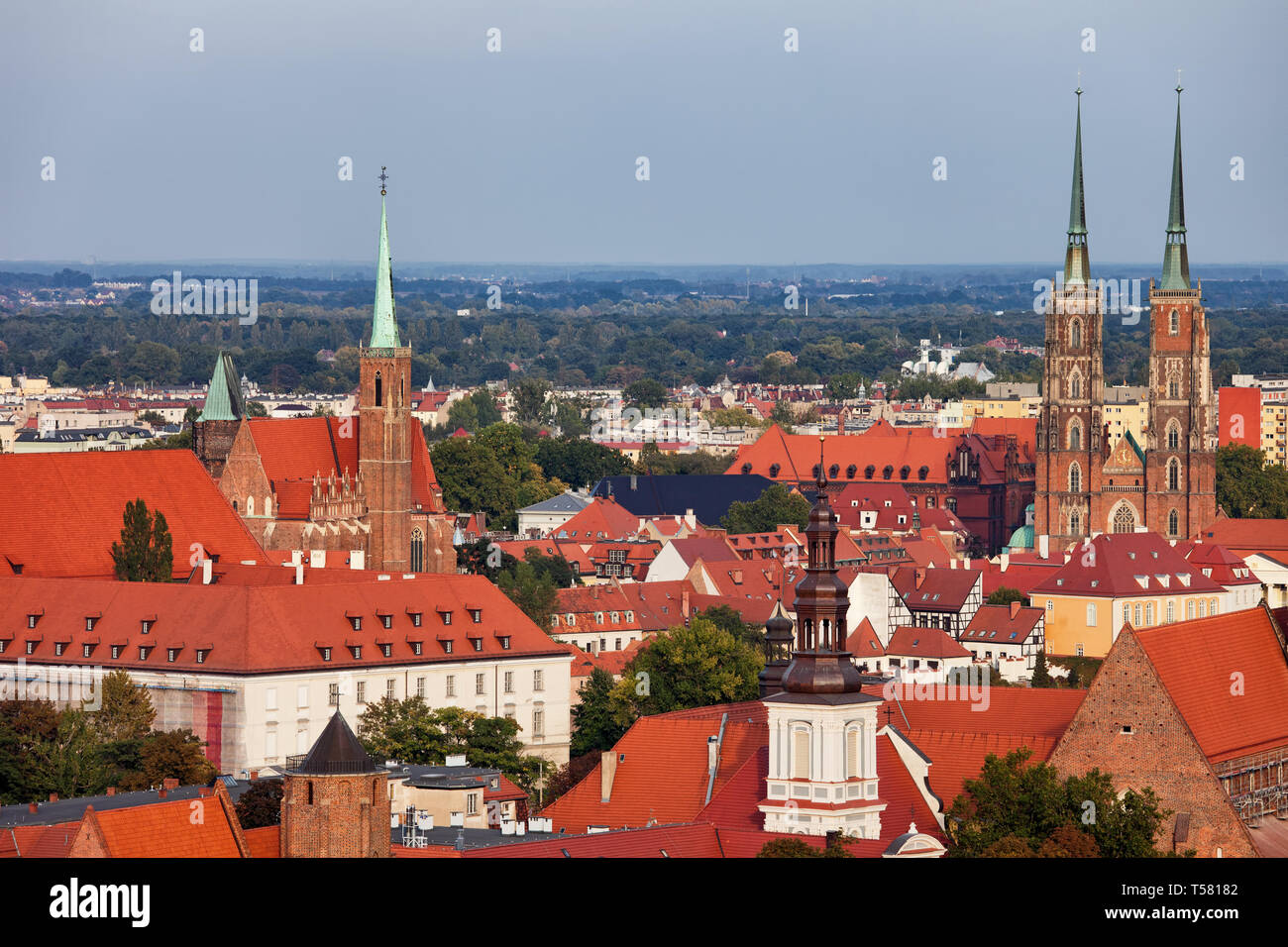 Città di Wroclaw in Polonia, Old Town cityscape con chiese torri e rosso sui tetti della città, vista da sopra. Foto Stock