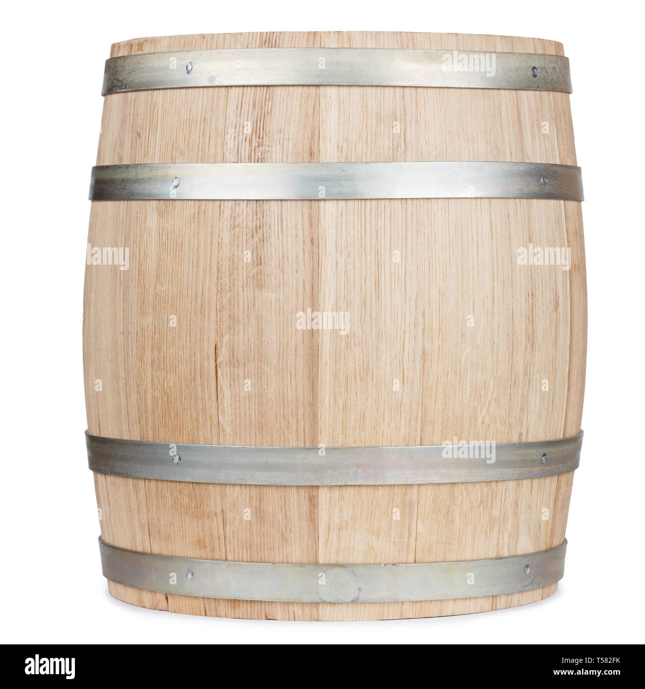 Rovere nuovo barile di legno, isolato su sfondo bianco Foto Stock