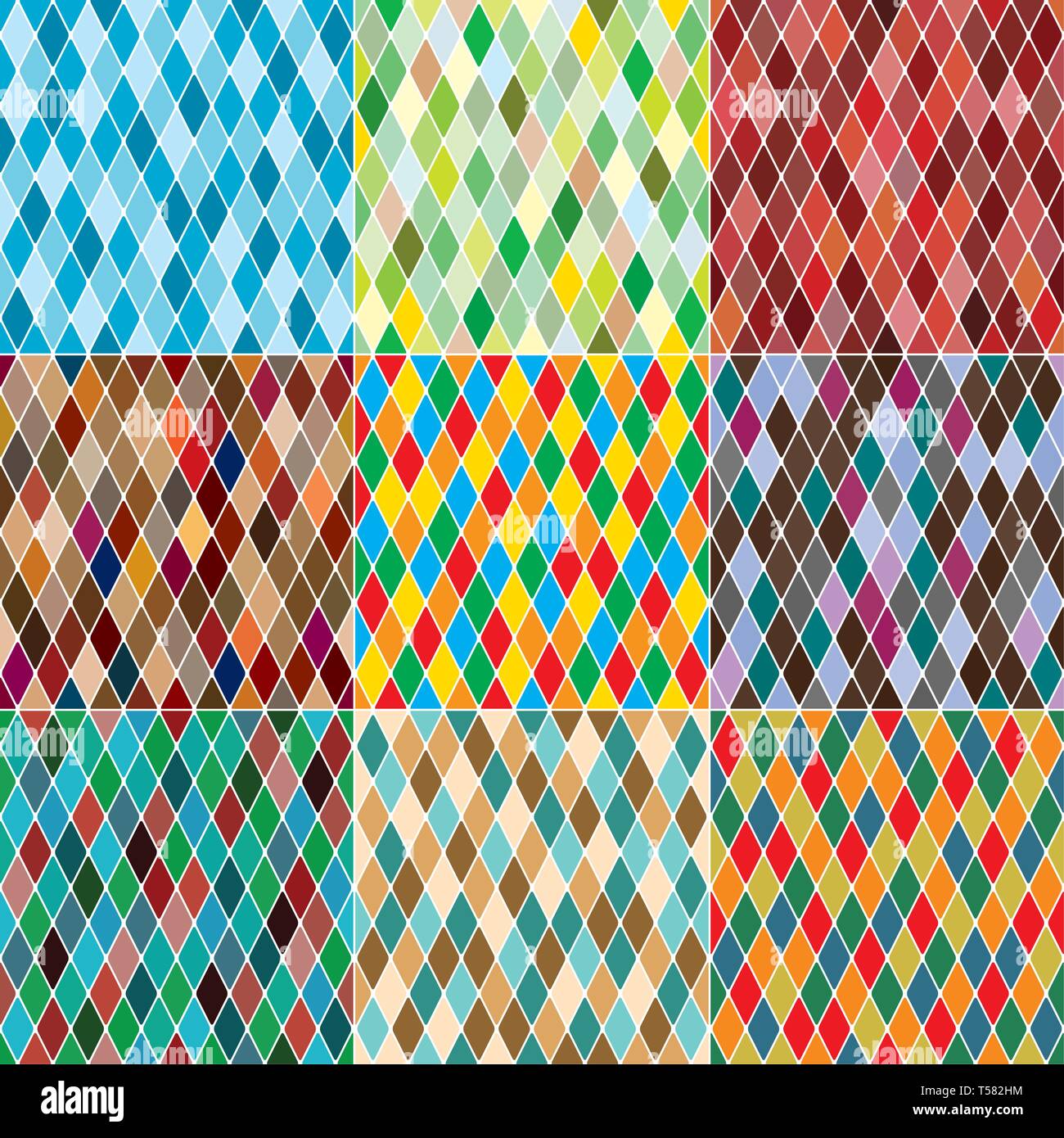 Arlecchino il mosaico policromo patchwork multicolore modelli senza giunture, set di 9 piastrelle colorate. Illustrazione Vettoriale