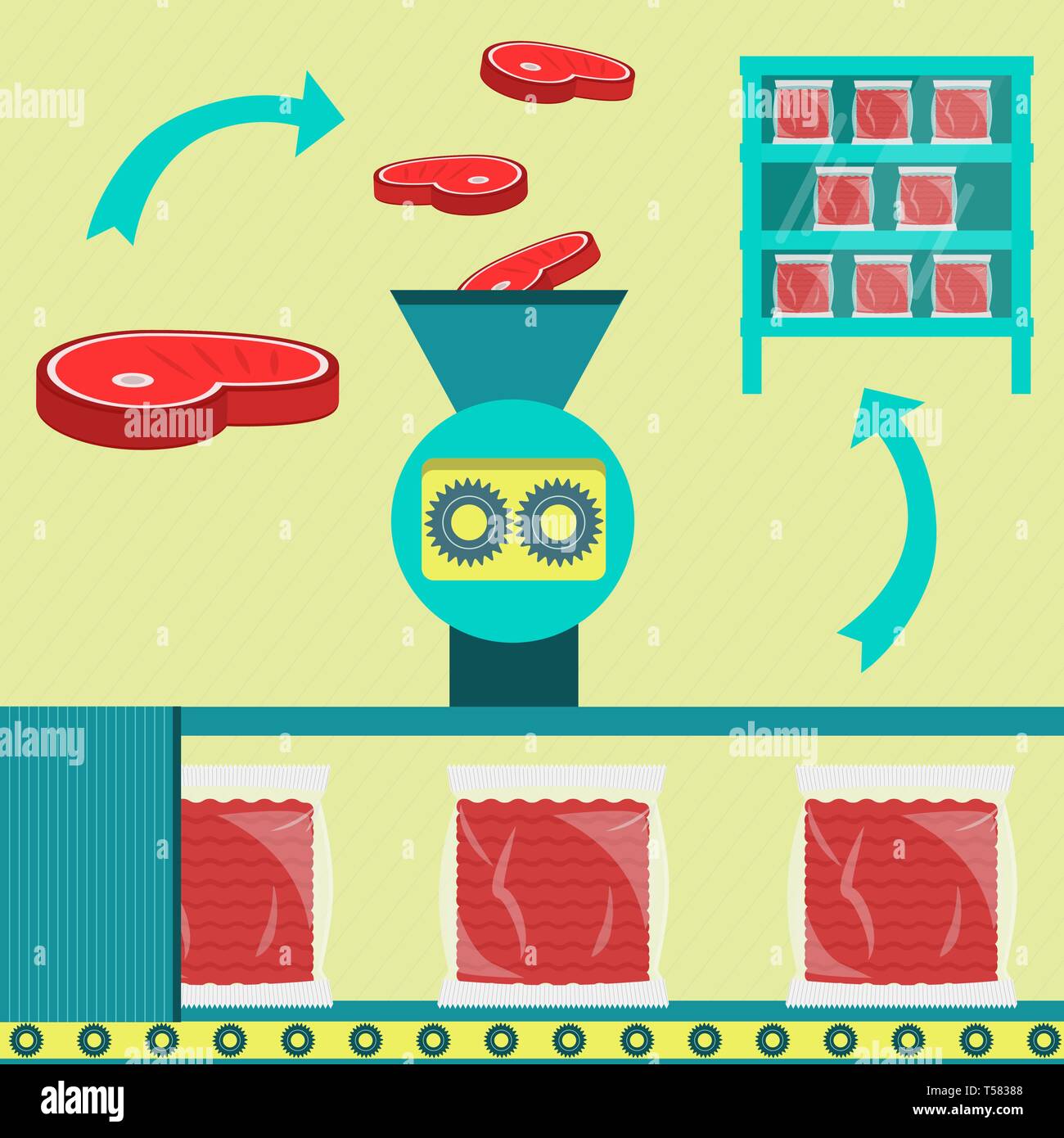 Carni fresche macinate in carne macinata. Carni macinate confezionati e distribuiti sugli scaffali del supermercato. Illustrazione Vettoriale