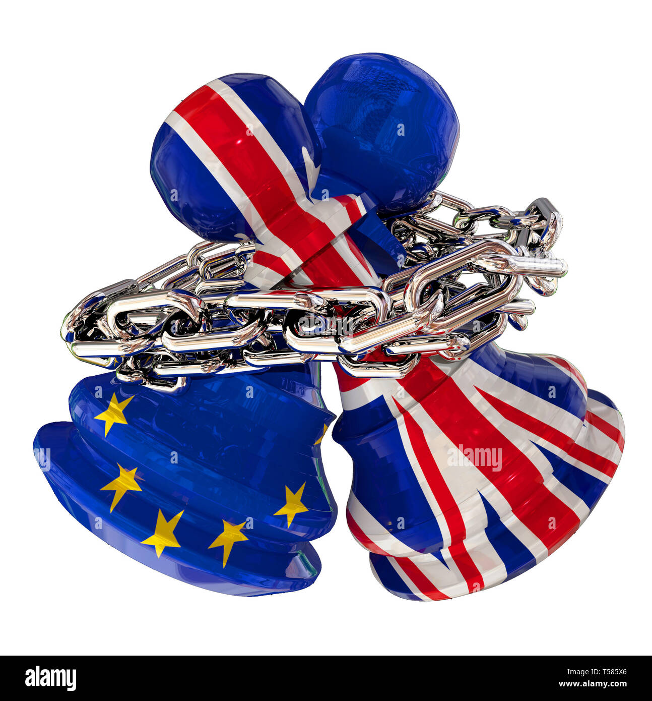 Brexit pegni europa Inghilterra bandiere collegato con catena metallica - 3d rendering Foto Stock