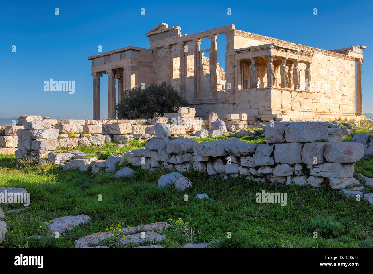 Eretteo antico tempio con Cariatide portico sull'Acropoli vicino al Partenone di Atene, Grecia. Foto Stock