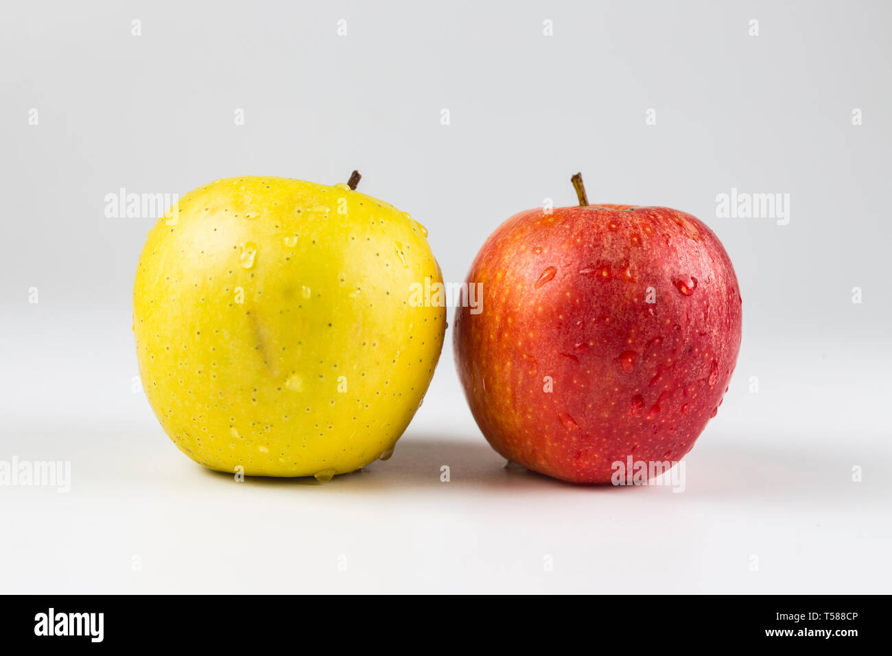 Vista ravvicinata di un rosso e giallo frutti di Apple su sfondo bianco Foto Stock
