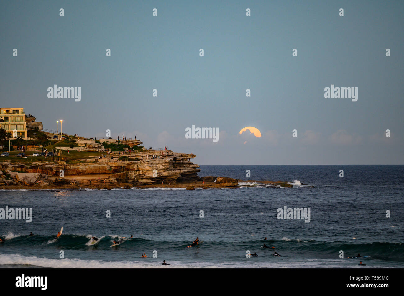 Full Moon Rising oltre la spiaggia di Bondi, Sydney, Australia Foto Stock