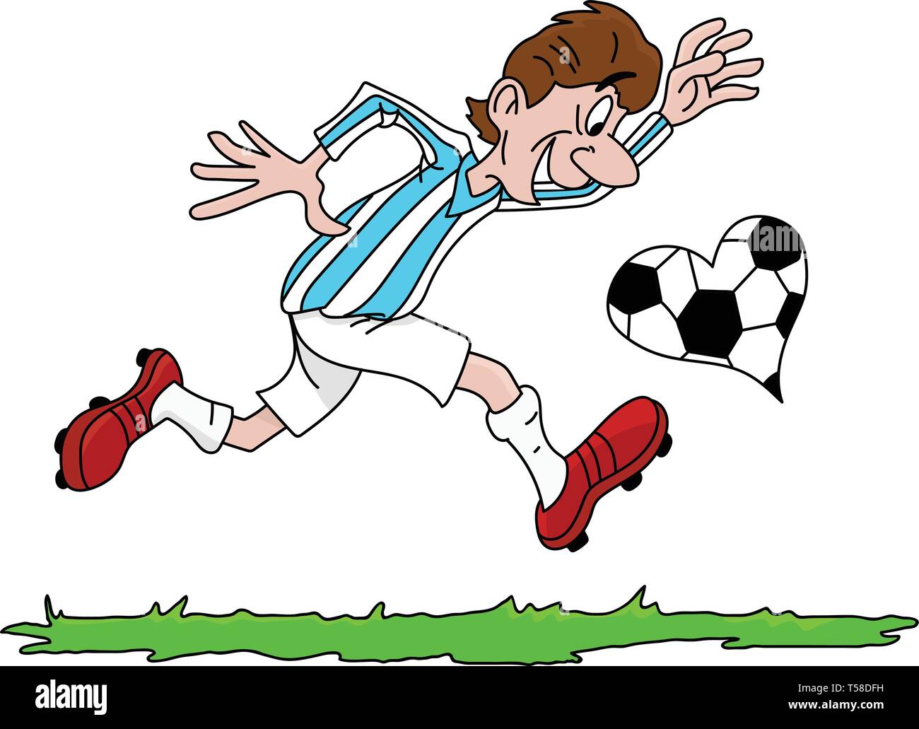 Cartoon uomo a giocare a calcio con un cuore a forma di pallone da calcio illustrazione vettoriale Illustrazione Vettoriale
