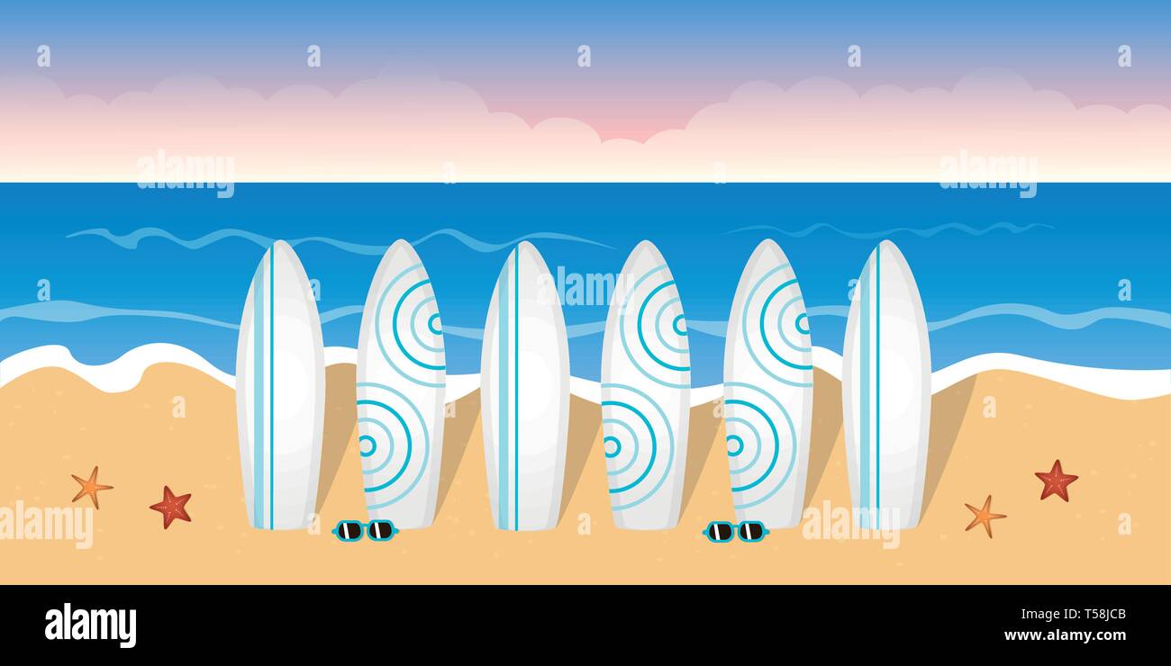 Tavole da surf per la lezione di surf in spiaggia con gli occhiali da sole e stelle marine illustrazione vettoriale EPS10 Illustrazione Vettoriale