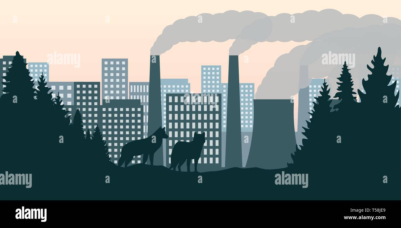 Lupi nella foresta di guardare la città e inquinamento da industria con lo smog illustrazione vettoriale EPS10 Illustrazione Vettoriale
