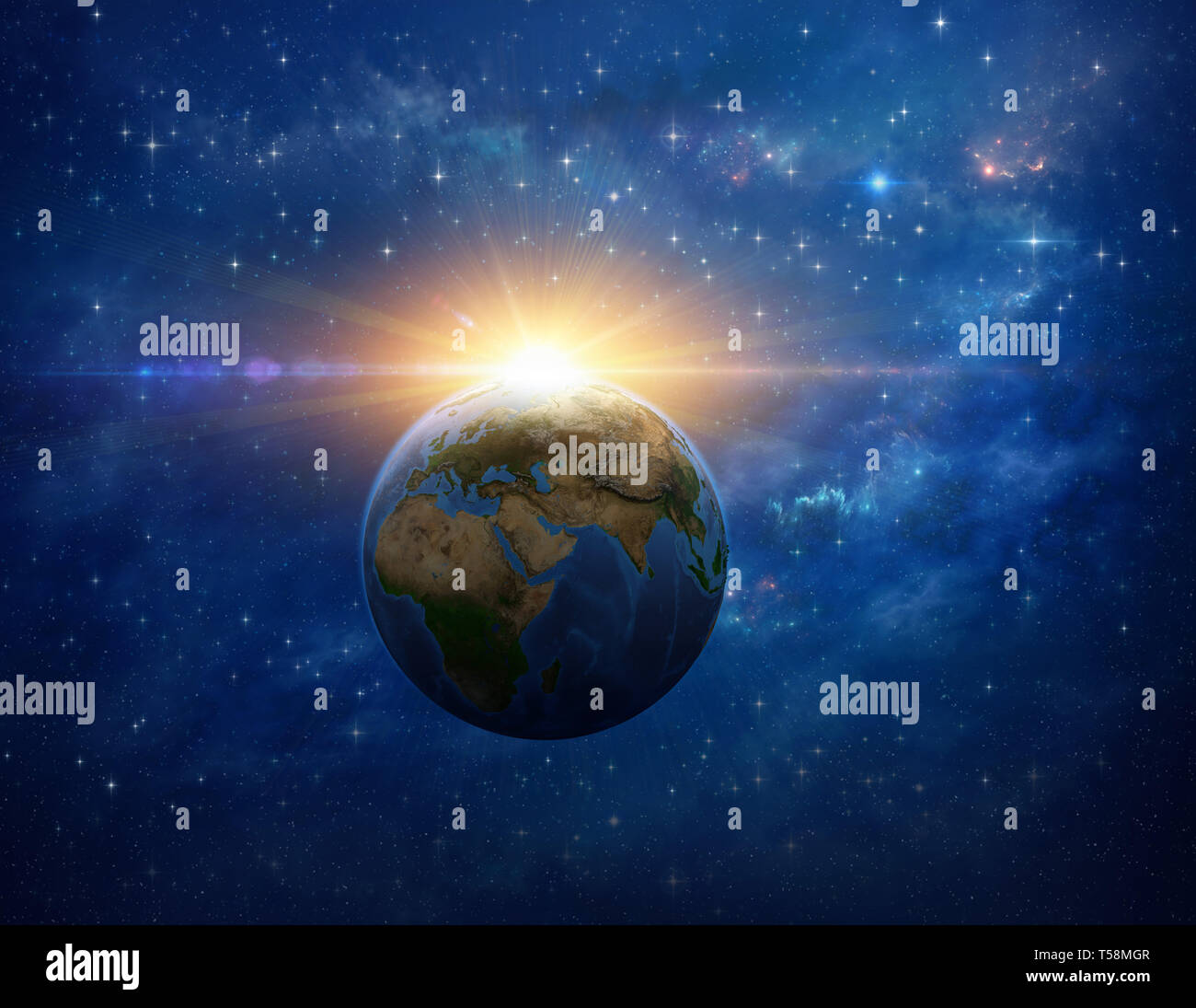 Gigantesca esplosione meteor sul pianeta Terra nello spazio profondo. 3D'illustrazione - Elementi di questa immagine fornita dalla NASA. Foto Stock