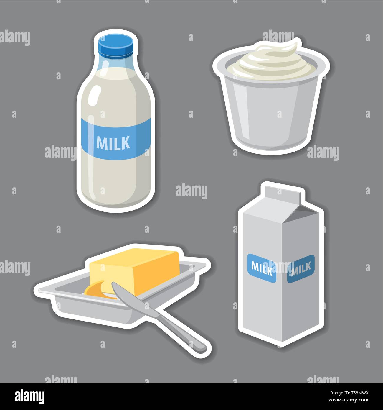 Illustrazione del set di adesivi per latticini prodotti lattiero-caseari Illustrazione Vettoriale