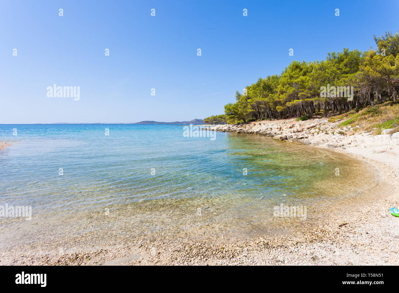 Spiaggia di pino, Pakostane Croazia, Europa - visitare la Baia Turchese di Pakostane Foto Stock